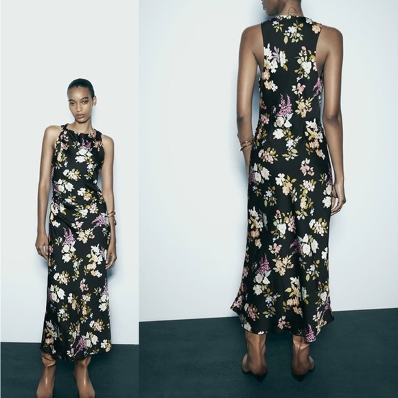 Zara Gathered Floral Print Midi Dress Event Wedding Guest Spring Size XL - Picture 1 of 16
